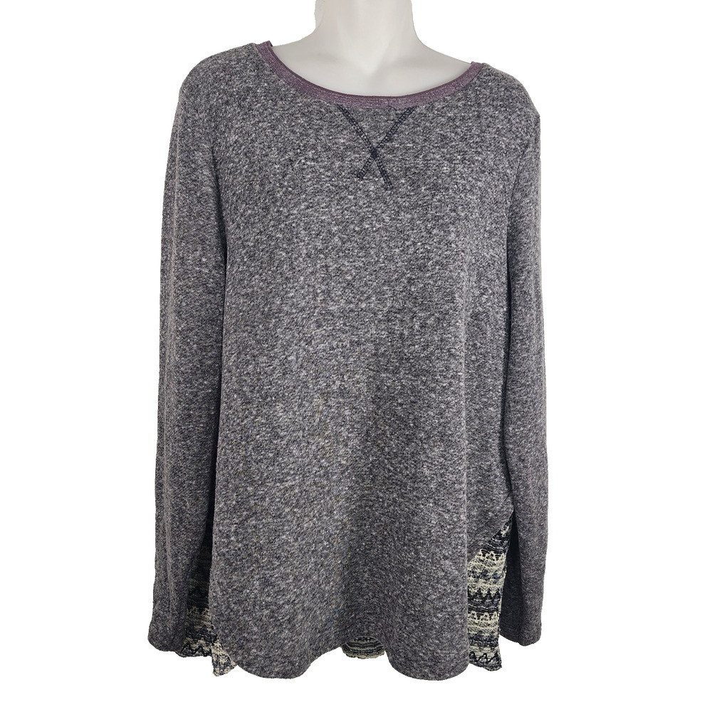 Umgee Womens Pullover Sweater Large Gray Contrasting Side Mixed Media Chevron